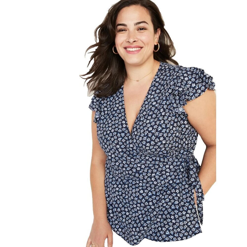 Old Navy Wrap Top Womens Plus XXL Blue Ditsy Floral Flutter Sleeve Side Tie